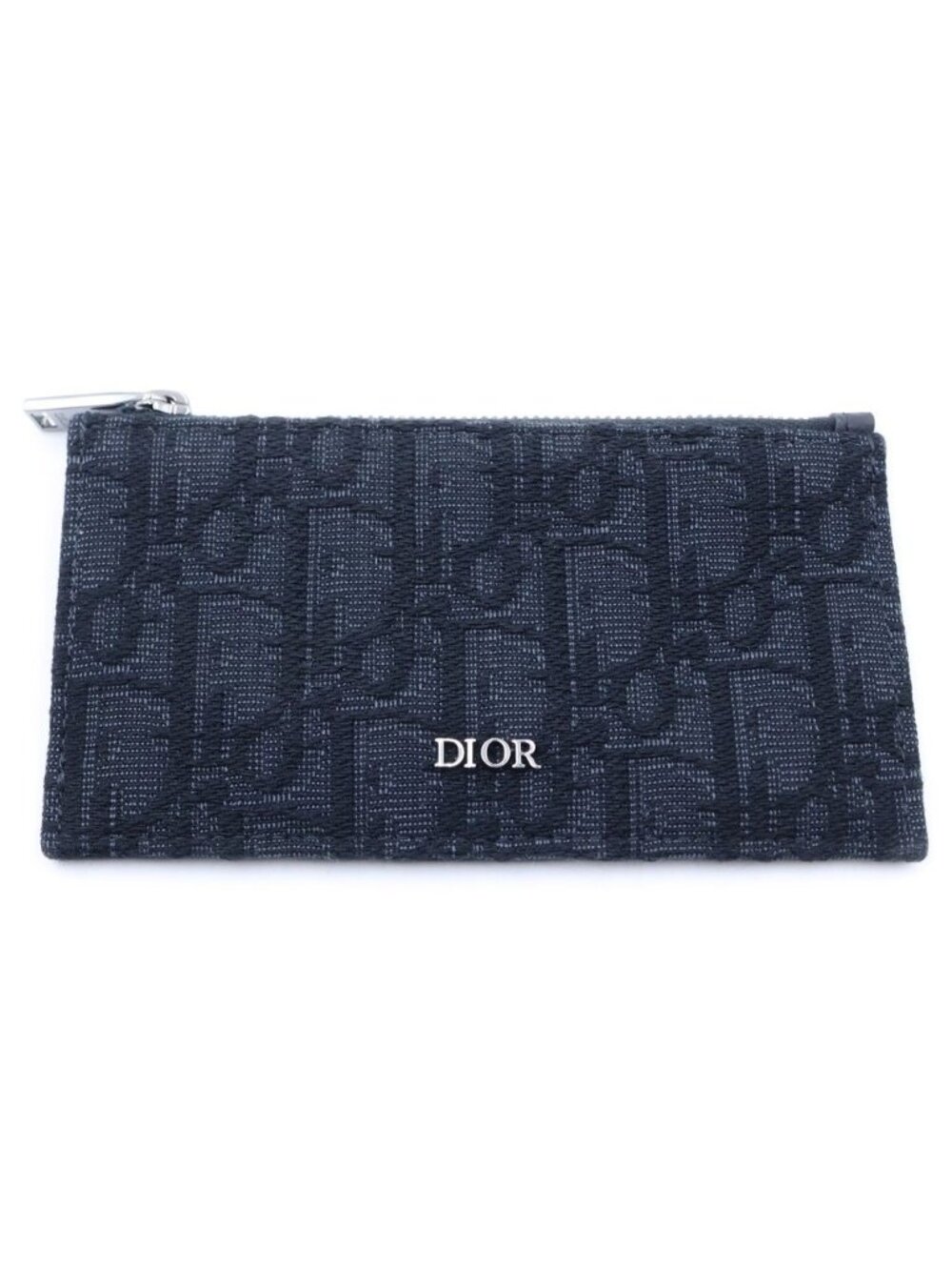 Dior Oblique Zip Card Case Fragment Coin Purse Black Canvas Leather